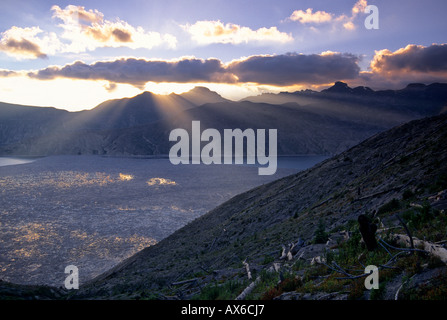 Coucher de soleil sur les billots flottants sur Spirit Lake dans le Monument National du Mont Saint Helens, Cascades, Washington, USA Banque D'Images