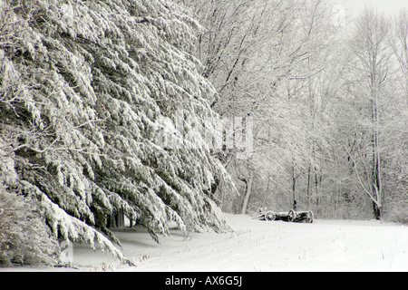 Un vieux wagon en ruine stockés sur le bord arrière d'un champ agricole sur une exploitation agricole en milieu rural au Wisconsin Banque D'Images