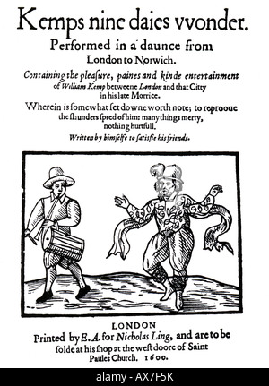 KEMPS NEUF DAIES WONDER publié en 1600 l'enregistrement comment William Kemp Morris dansait de Norwich à Londres - voir description Banque D'Images