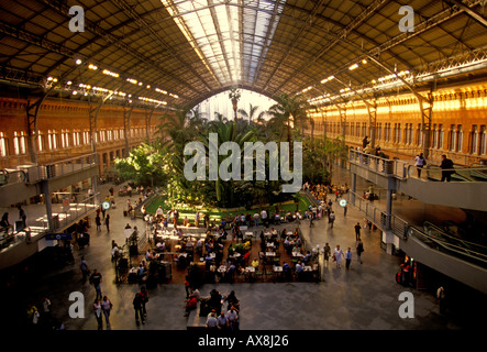 Food Court, atrium, d'un jardin tropical, la salle d'attente, central mall, la gare d'Atocha, Madrid, Madrid, Espagne, Europe province Banque D'Images