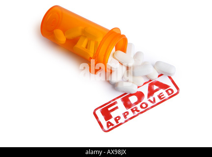 Bouteille de pilules et un timbre Approuvé FDA Banque D'Images