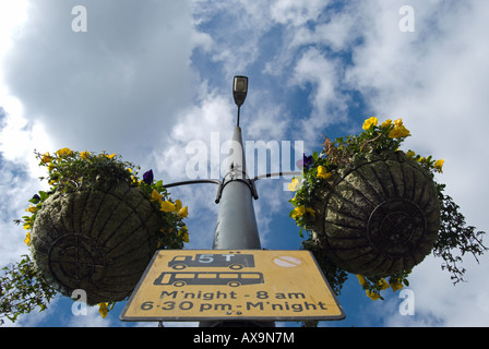 Deux paniers suspendus remplis de fleurs à un lampadaire, qui détient également un noir et jaune en signe de la circulation routière Banque D'Images