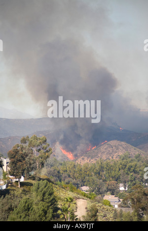 Un feu de broussailles dans les collines de l'Orange, Californie menacent les maisons. Banque D'Images
