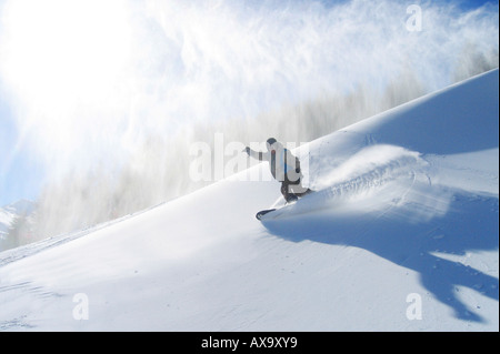 Snowboarder en poudreuse, Livigno, Italie Banque D'Images