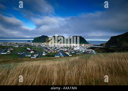 Paysage et vue sur la ville, Heimaey, l'Île, Îles Vestmannaeyjar Banque D'Images