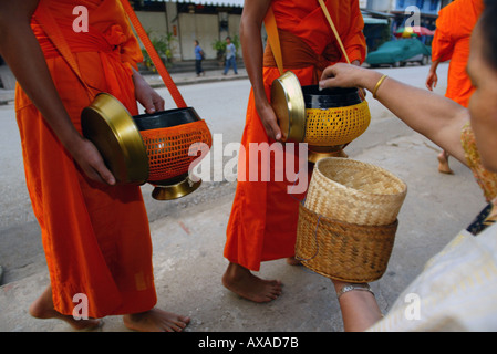 Ligne de moines jusqu'à recevoir quotidiennement le riz de femme Luang Prabang au Laos Banque D'Images