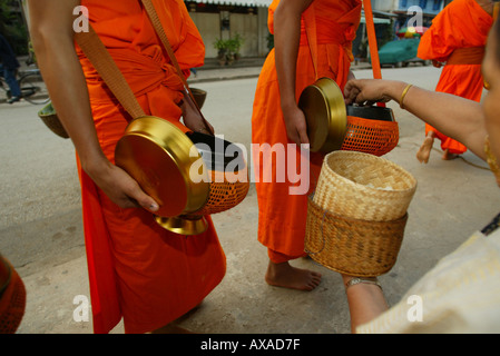 Ligne de moines jusqu'à recevoir quotidiennement le riz de femme Luang Prabang au Laos Banque D'Images