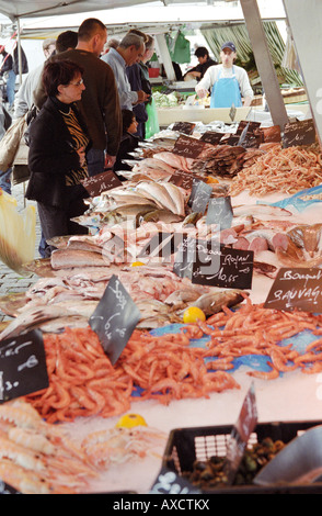 Sur le Quai des Chartrons. Un marché de rue. Les poissons et les fruits de mer à un marchands sur les quais. Bordeaux Aquitaine, Gironde, France Banque D'Images