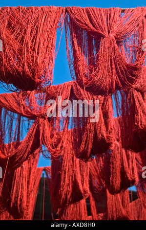 Close up vertical des écheveaux de laine rouge vif teints fraîchement en train de sécher dehors dans le souk des teinturiers à Marrakech. Banque D'Images