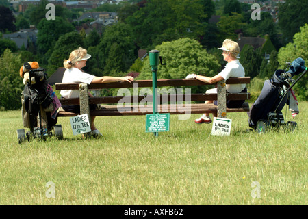 Les golfeurs dame prendre une pause pour un chat sur le cours Banque D'Images