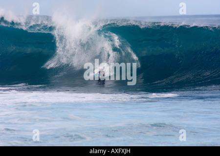 Des vagues énormes AU 'pipeline' WAIMEA,plage, CÔTE NORD, Oahu, Hawaii SURF AVENTUREUX ENCOURAGER Banque D'Images