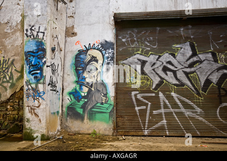 Graffiti dans une friche industrielle, l'usine à Vichy (France). Le Graffiti dans une usine désaffectée de Vichy (Allier - France). Banque D'Images