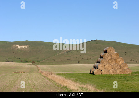 Des bottes de paille et white horse à Alton Barnes dans le Wiltshire Banque D'Images