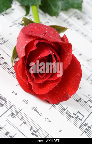 Une rose rouge repose au sommet d'une feuille de musique pour piano au cours d'une réception de mariage Banque D'Images