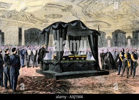 Salle Beecher d'Henry Lincoln l'oraison funèbre à la Maison blanche 1865. À la main, gravure sur bois Banque D'Images