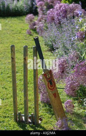 Un ensemble de souches et de cricket à côté d'un lit de fleur avec Allium cristophii DANS LE JARDIN À MANOR FARM SOMERSET Banque D'Images