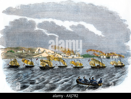 Bombardement naval américain de Vera Cruz durant la Guerre du Mexique Nous 1847. À la main, gravure sur bois Banque D'Images