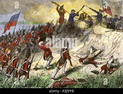 Agression britannique sur la position américaine au sommet de la colline de races dans la Bataille de Bunker Hill, 1775. À la main, gravure sur bois Banque D'Images