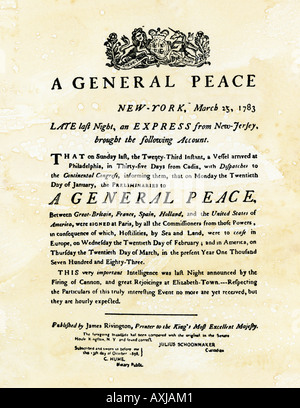 Annonce de traité de paix mettant fin à la guerre révolutionnaire imprimé à New York le 25 mars 1783. Gravure sur bois avec un lavage à l'aquarelle Banque D'Images