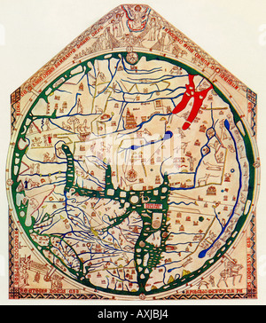 Hereford Mappa Mundi de 1280 montrant Jérusalem au Centre Est Europe Afrique inférieur gauche est inférieure droite. Demi-teinte couleur Banque D'Images