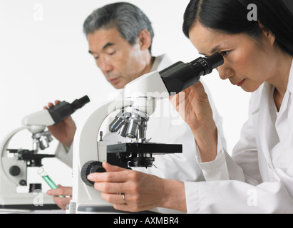 L'homme et la femme en laboratoire en utilisant des microscopes Banque D'Images
