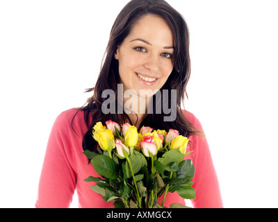 Young Woman Holding Bunch of Flowers Parution Modèle Banque D'Images