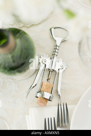 La table, avec du vin et tire-bouchon Banque D'Images