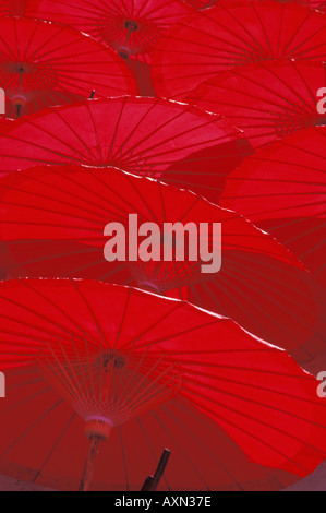 Un gros plan de parapluies en papier rouge vif fabriqués à la main séchant au soleil à l'usine de parapluies à Chiang mai, Thaïlande Banque D'Images