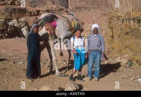 Trekker avec guide bédouin et chameau boy au camp dans Farsh Rummana, hautes montagnes du sud du Sinaï, Égypte Banque D'Images