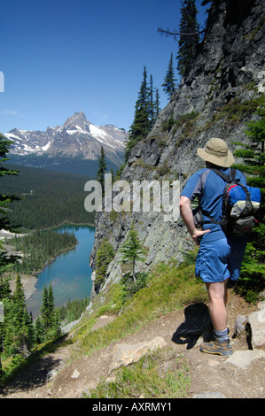 Randonneur s'arrête pour profiter de la vue dans le parc national Yoho, Canada Banque D'Images