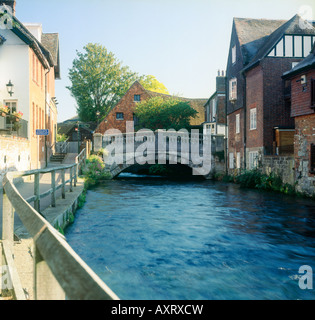 Soke Pont sur la rivière Itchen avec la Ville du xviiie siècle, à l'arrière-plan Winchester Hampshire Angleterre Banque D'Images