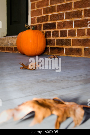 Citrouille sur le porche décoré pour Halloween en automne. ÉTATS-UNIS. Banque D'Images