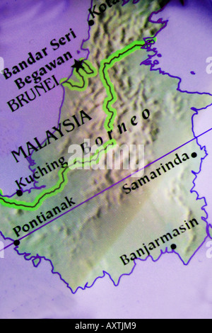 Carte montrant l'actuel pays de Brunei, Malaisie, Bornéo et Banque D'Images