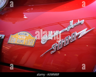 Les insignes et la plaque de rallye sur Austin Healey 3000 au Rallye International Horneland Pays-Bas Banque D'Images