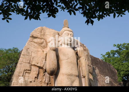 Giant statue de Bouddha Debout, la main gauche levée la robe symbolisant la réincarnation, Aukana, Sri Lanka Banque D'Images