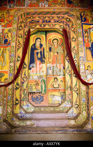 Murales, sanctuaire intérieur de l'Église chrétienne d'Ura Kedane Meheriet, Péninsule de Zege, Lac Tana, Ethiopie Banque D'Images