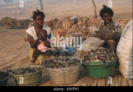 Deux jeunes femmes vendent du poisson séché, de la Zambie, de l'Ouest Sambia, Mongu Banque D'Images