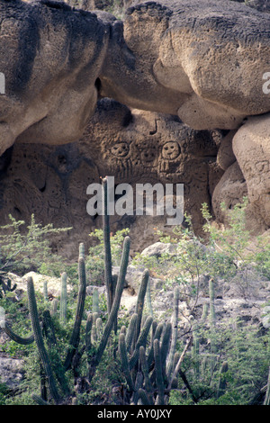 Les Indiens Taïnos site de pétroglyphes dans une grotte peu profonde au bord du lac d'Enriquillo, République Dominicaine Banque D'Images