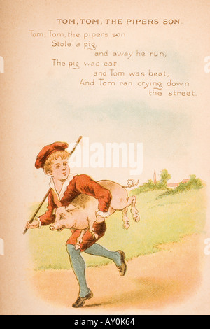 Comptine et illustration de Tom Tom the Piper's Fils d'Old Mother Goose's rimes et contes. Banque D'Images