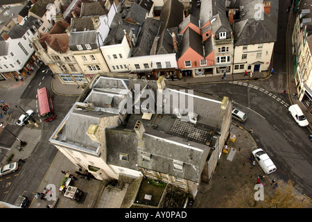 Vue aérienne de la ville de Cirencester montrant des boutiques et le marché Banque D'Images