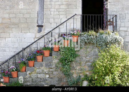 Pots de fleurs sur des marches en pierre à Bradford on Avon Wiltshire Banque D'Images