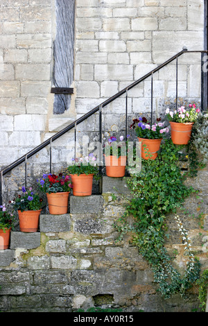 Pots de fleurs sur des marches en pierre à Bradford on Avon Wiltshire Banque D'Images