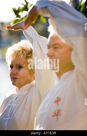 Mature couple performing arts martiaux dans le parc Banque D'Images