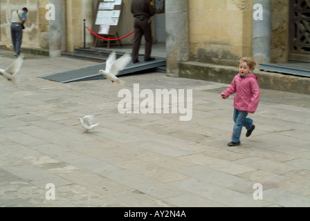 Petite fille qui court après les pigeons dans une place publique Banque D'Images