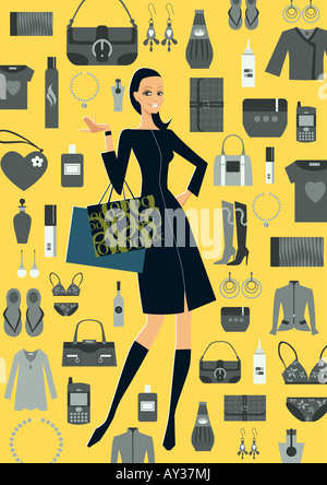 Woman holding shopping bags avec accessoires de vêtements autour d'elle Banque D'Images