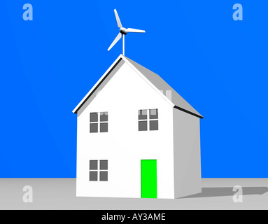 Maison de CGI et de l'éolienne sur le toit Banque D'Images