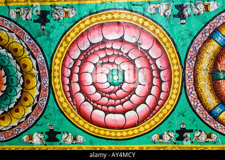 Peinture colorée sur un plafond, Temple Meenakshi, Madurai, Tamil Nadu, Inde Banque D'Images