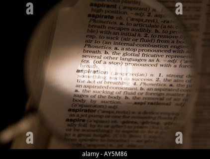 Loupe SUR LA PAGE DICTIONNAIRE DÉFINITION DU MOT ASPIRATION Banque D'Images