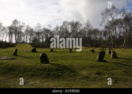 Neuf femmes Stone Circle, Stanton Moor, parc national de Peak District, Derbyshire, Angleterre, RU Banque D'Images