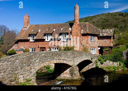 Pont à cheval et cottage dans le village de Allerford, Exmoor Banque D'Images